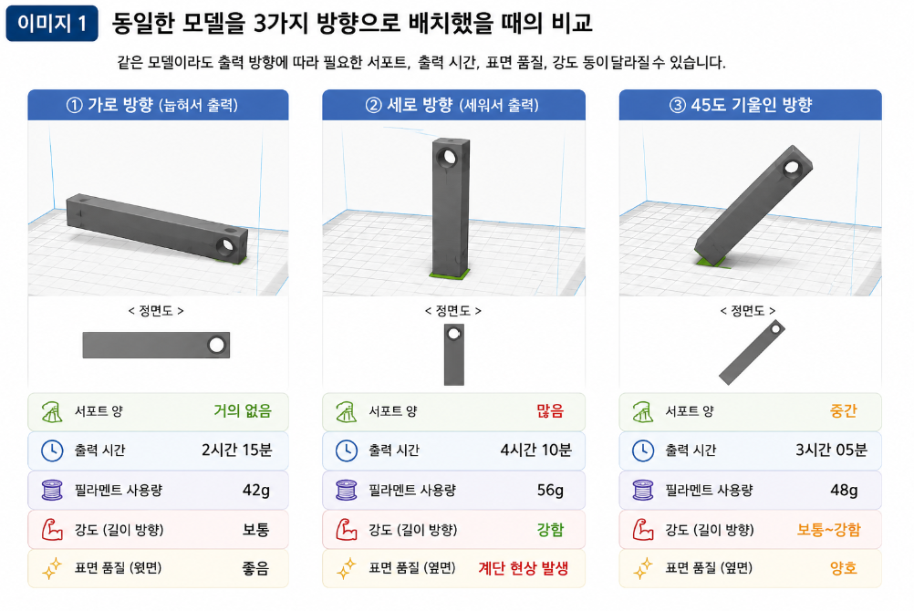 동일한 3D 모델이라도 출력 방향에 따라 필요한 서포트와 출력 특성이 달라질 수 있습니다.
