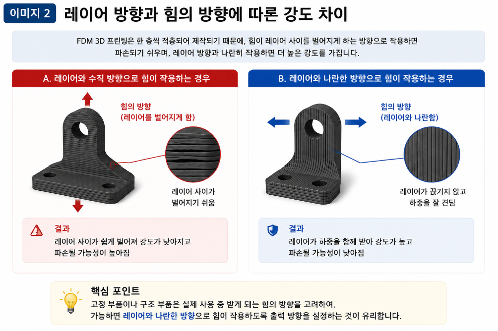 FDM 출력물은 레이어가 쌓이는 방향과 외부에서 작용하는 힘의 방향에 따라 강도 특성이 달라질 수 있습니다.