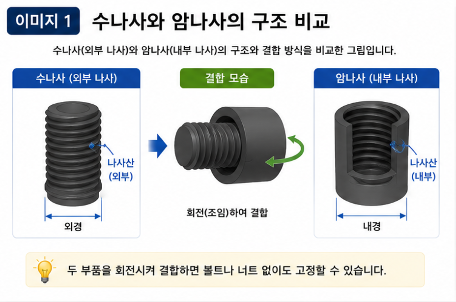 3D 프린터에서는 출력물 자체에 수나사와 암나사를 형성하여 별도의 너트 없이 두 부품을 직접 결합할 수 있습니다.

