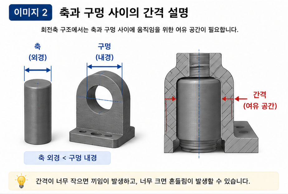 회전축 구조에서는 축과 구멍 사이에 움직임을 위한 여유 공간이 필요하다.