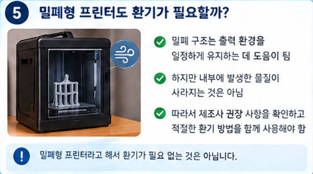 장시간 출력하기 전에는 출력 설정뿐만 아니라 환기와 주변 환경도 함께 확인하는 것이 좋습니다.
