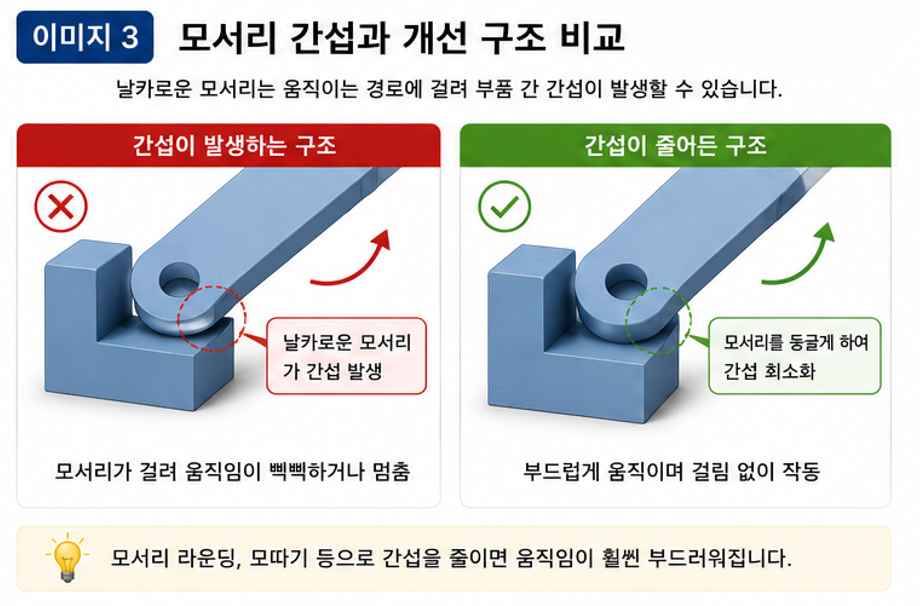 움직이는 경로에 있는 모서리와 돌출부는 부품 간 간섭을 일으킬 수 있으므로 형상을 함께 검토해야 한다.