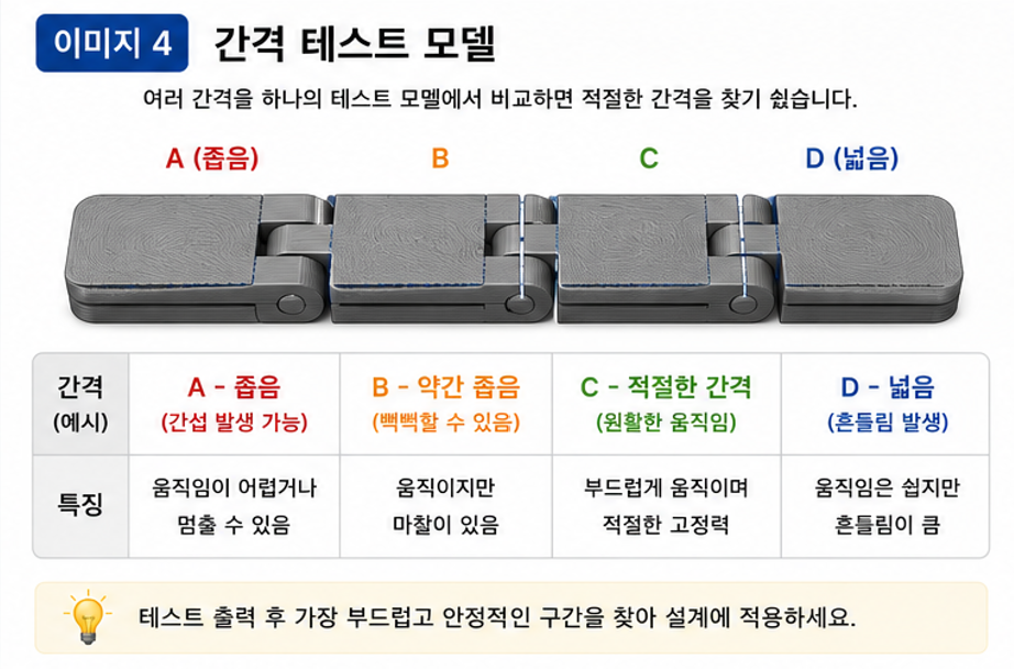 여러 간격을 하나의 테스트 모델에서 비교하면 사용하는 프린터와 재료에 적합한 설계 조건을 찾는 데 도움이 된다.