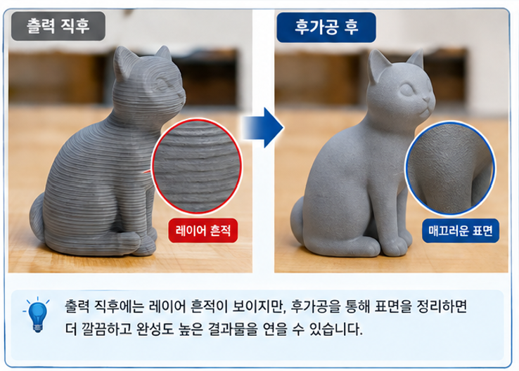 3D 프린터 출력물은 후가공을 통해 레이어 흔적이나 표면의 거친 부분을 줄일 수 있습니다.