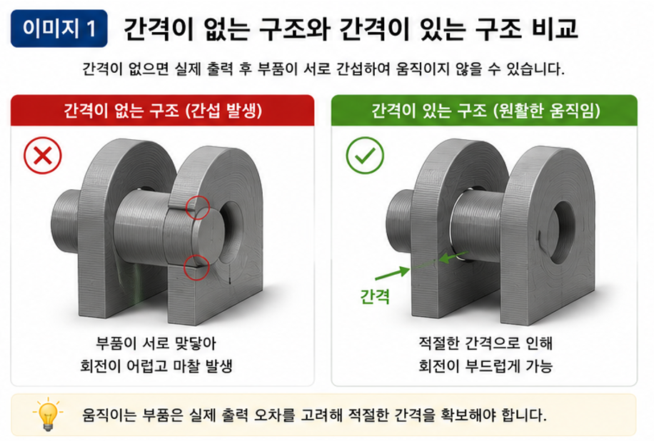 움직이는 부품은 실제 출력 과정에서 발생할 수 있는 간섭을 고려해 적절한 간격을 확보해야 한다.